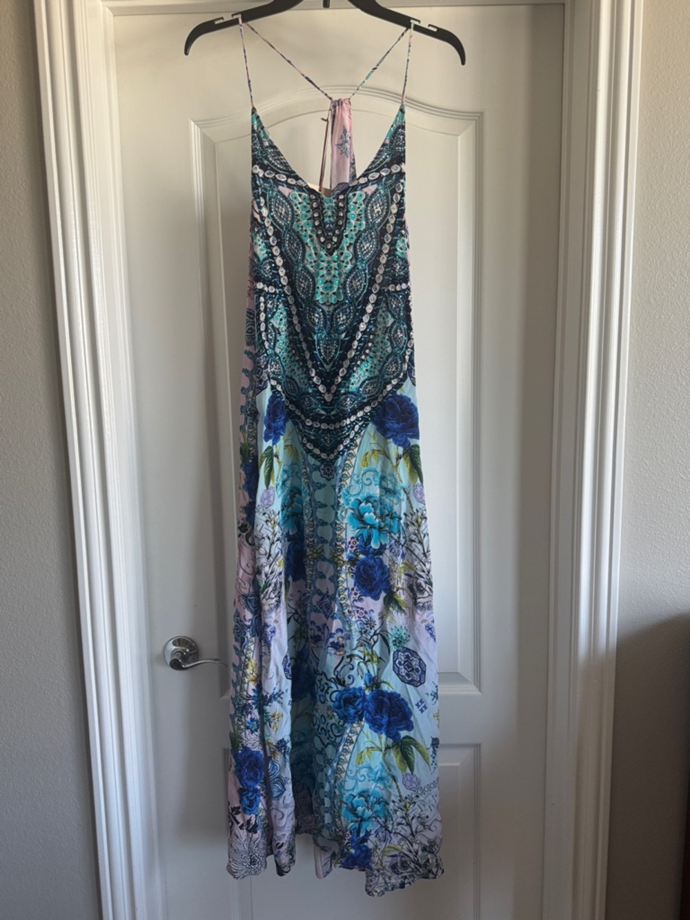 Turquoise & Blue Floral Maxi Dress with Spaghetti Straps